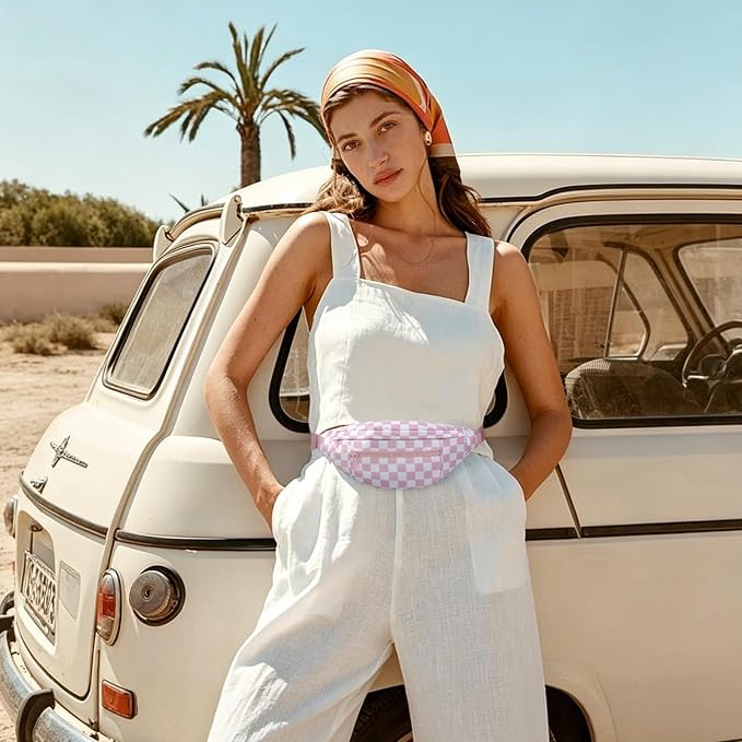 Pink Checkered Fanny Pack for Women Cross Body Bag for Concerts Travel | Rose Pink and White Checkered,Stylish,Large Capacity,Hands-Free ,Idea for Enjoy Shopping Sports Traveling Running Casual