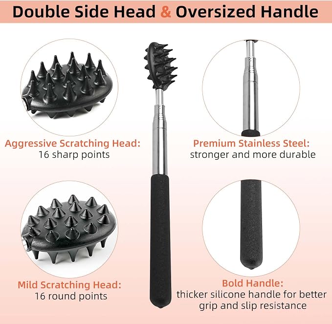 WOVTE 4 in 1 Telescoping Back Scratcher and Wooden Scalp Massager Kit | Replaceable Massage Head, 12-finger Head Massager, Ideal Stocking Stuffers, Exquisite Gifts Box, Perfect Gifts for Men Women