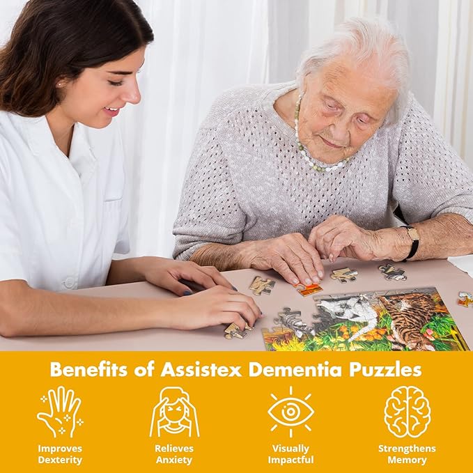 Assistex Large Piece Jigsaw Puzzle for Seniors with Dementia with Conversation Prompts, Large Piece Memory Game for Adults, Elderly, and Dementia Patients – Cats Puzzle, 63 pcs