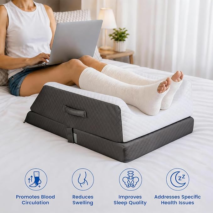 Cooling Leg Elevation Pillow, 3-Height Adjustable Leg Rest Support | Cooling fabric wedge pillow for both legs, knees & ankles, with memory foam comfort for post-surgery rest and swelling relief