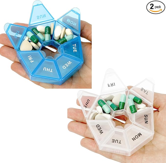 2 Pack Weekly Pill Organizer - Small Case, 1 Time a Day, 7 Day Container for Medicine, Travel Holder (Blue & White)
