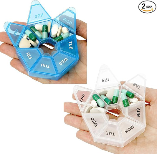 2 Pack Weekly Pill Organizer - Small Case, 1 Time a Day, 7 Day Container for Medicine, Travel Holder (Blue & White)