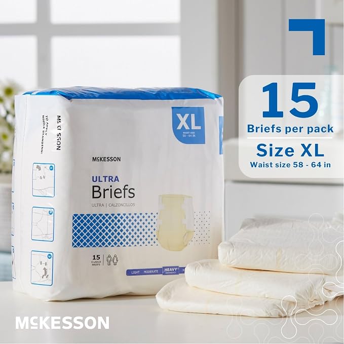 McKesson Ultra Briefs, XL, Heavy Absorbency, Unisex, 64 in, 15 ct | Disposable, Elastic Leg Gathers and Contoured Fit for Men and Women, Incontinence