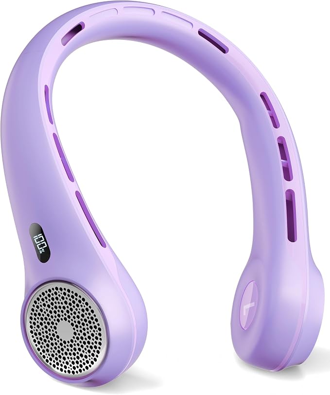Portable Neck Fan with 4000mAh Rechargeable Battery & LED Display, Personal Cooler for Women/Men, 3-Speed Bladeless 360° Cooling Fans, Stylish Gift for Gym/Travel/Office,Light Purple