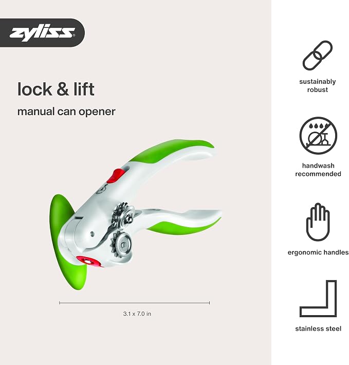 Zyliss Lock N' Lift Can Opener - Can Opener with Lid Lifter Magnet - Manual Can Opener with Locking Mechanism - Safe and Easy-to-Turn - Stainless Steel – Green