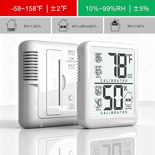 2 Pack Room Thermometer Indoor Hygrometer with Max/Min Record | W/ Battery, 24h Max/Min Record, Accurate Sensor, Fast Refresh, Easy to View, ℉/℃, Durable Kickstand, Compact, for Home Office