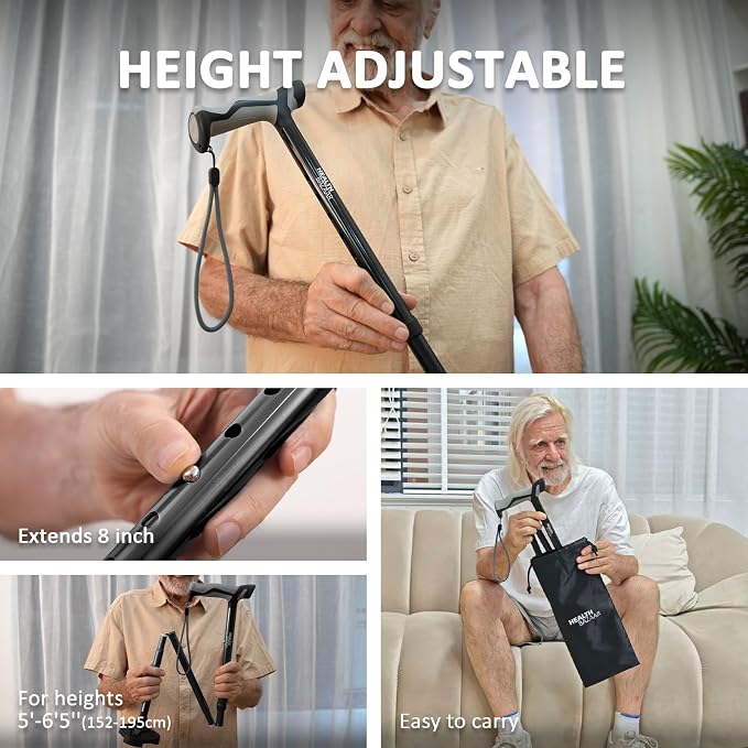 healthbazaar Walking Cane for Men & Women - Self Standing Pivot Cane, Adjustable, Foldable Walking Sticks for Seniors & Adults with Wrist Strap, Travel Bag | TRIGRIP