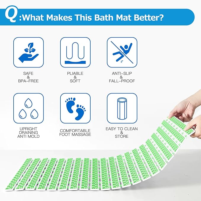 Non Slip Rubber Bathtub & Shower Mat - Fast Drain & Upright Drying Design, Strong Suction Cups, Structured Textured Surface, Low-Maintenance Bathroom Safety Mat, 27 x 16 Inch, Mint Green, Matace