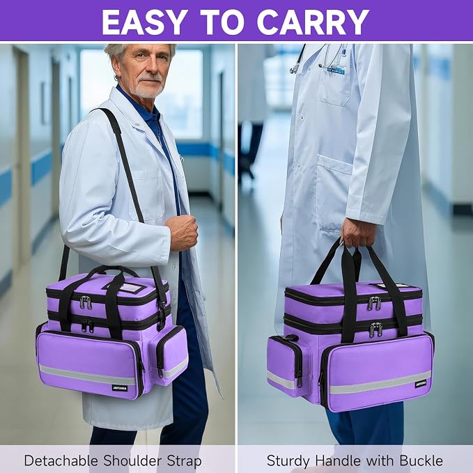 Large Pill Bottle Organizer, Double Layers Medicine Storage Bag with Lockable Zippers and Shoulder Strap,Medication Travel Bag for Prescription Bottles, Vitamins & Medical Supplies, Purple (Bag Only)