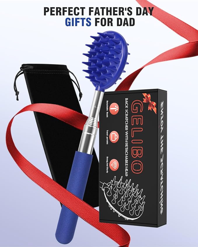 Telescoping Back Scratcher with 5 Detachable Heads, Gifts for Men, Blue | 10-31'' Reach,Stainless Steel, Non-Slip Grip, Birthday Gifts for Men Women, Christmas Stocking Stuffers, White Elephant Gifts