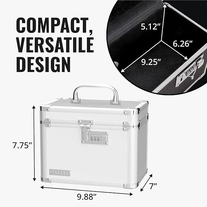 Vaultz Combination Lock Box - 7.25 x 10 x 7.75 Inch Safe Boxes for Money, Documents & Medicine - White