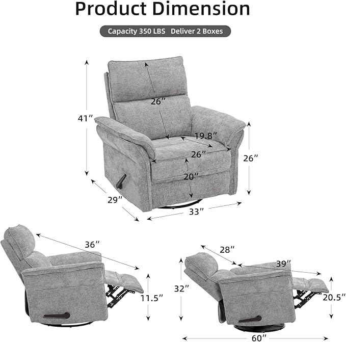 Oversized Glider Rocker Recliner, 24" Extra Wide 360° Swivel Nursery Recliner with Adjustable Headrest, Chenille Rocking Nursery Chair with Overstuffed Armrest, Lumbar Support, Light Grey