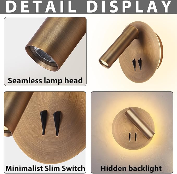 Wall Mount Reading Light for Bed, Backlight Night Wall Lamp, Hardwired Sconce with Switch, Adjustable Wall Sconce Surface Mount Book Reading Lamp,LED Wall Lighting for Bedroom Bedside Lamps (Bronze)