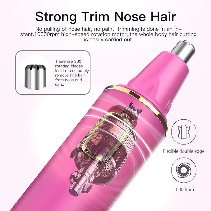 XOOMRSCP Nose Hair Trimmers for Women Men，Rechargeable Hair Trimmer 2 in 1 Painless Multifunctional Ear and Nose Hair Trimmer with IPX7 Waterproof Dual Edge Blades (Rose)