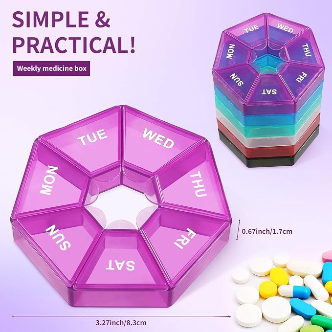 6 Count Heptagon Weekly Pill Organizers – 7-Day Pill Boxes with Mon–Sun Labels, 3.27" Portable Vitamin Case, Secure Snap Lids, 9 Color Sets for Travel & Daily Storage
