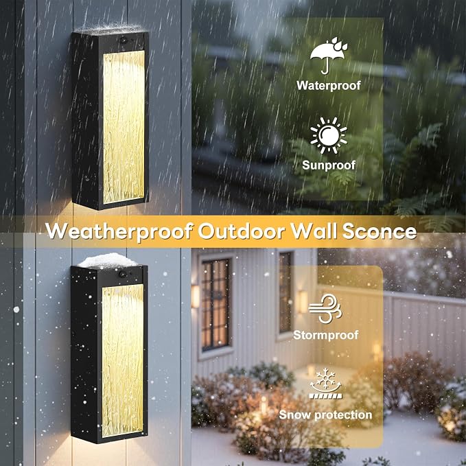 2 Pack LED Outdoor Wall Light 15in Dusk to Dawn Black Porch Light | Motion Sensor, 3 Lighting Modes, Water Ripple, Exterior Lighting Fixtures, Outside Lights Anti-rust for House Garage
