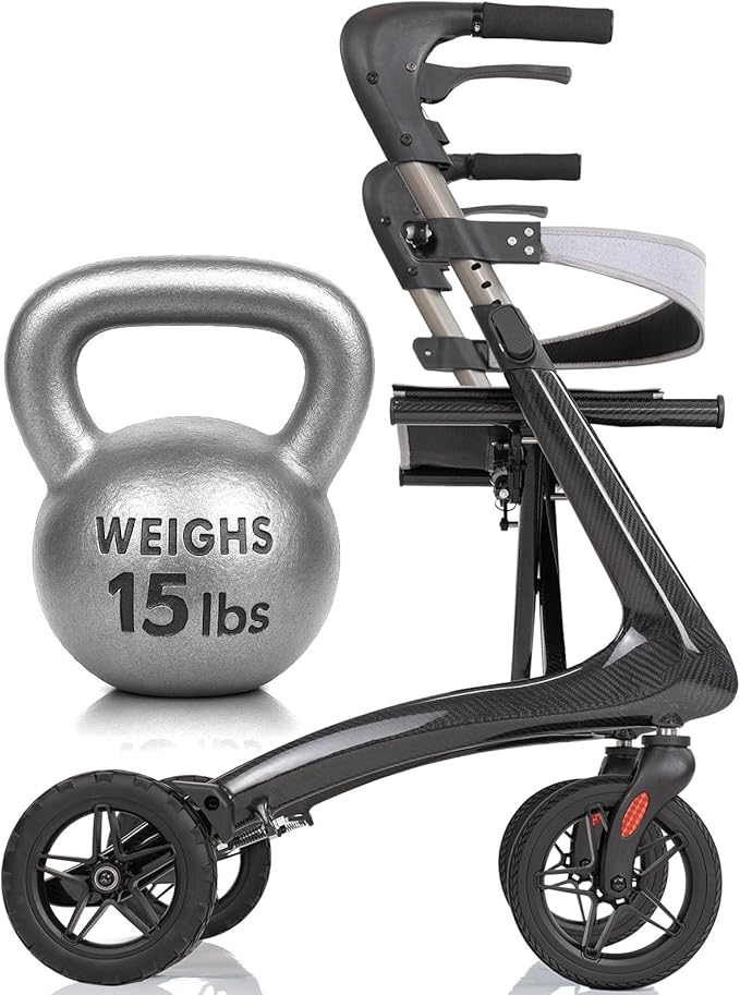 Vive Mobility Carbon Ultralight Rollator Walker - 4 Wheel Lightweight Carbon Fiber Walker for Seniors with Seat - All Terrain, Foldable, Height Adjustable - 300 lbs Weight Capacity, Mobility Aid