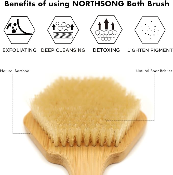 NORTHSONG Body Brush Back Brush Shower Brush Back Scrubber for Exfoliating | Large Head Bath Brush,17.72"Extra-Long Curved Bamboo Handle,100% Boar Bristles,ideal for Elderly,Shoulder Pain,Gift Ready