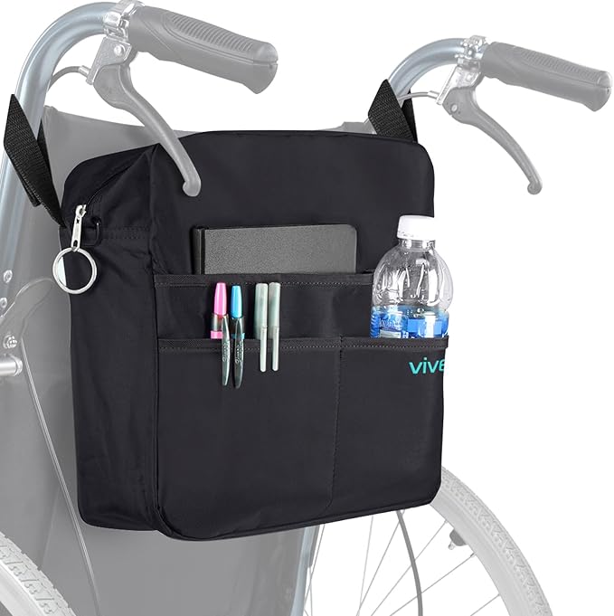 Vive Wheelchair Bag - Machine Washable, Double-Stitched, Water-Resistant Accessory Backpack for Rollators, Wheel Chairs, Walkers - Pouch with XL Pockets & Straps for Quick Installation