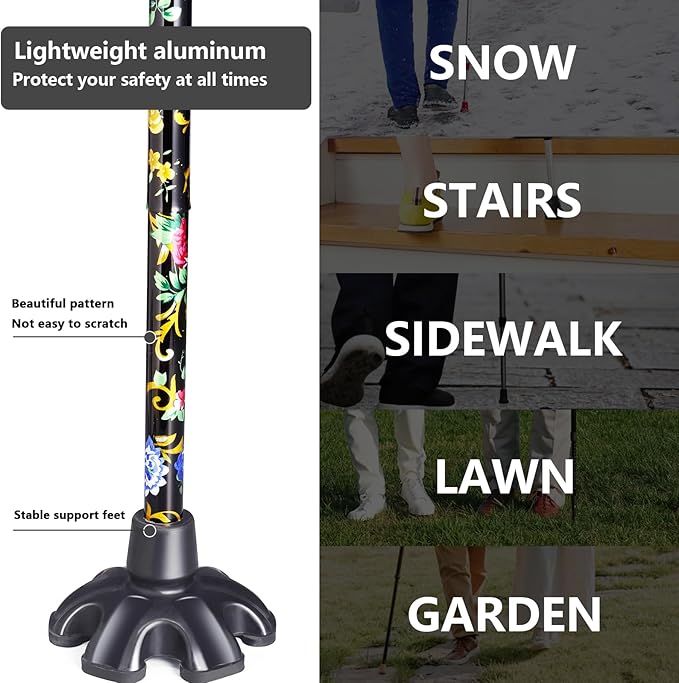 Floral Canes for Women Folding Cane for Stability with Non-Slip Base, Adjustable Walking Cane for Seniors - Lightweight Collapsible Walking Sticks with T & Offset Handle