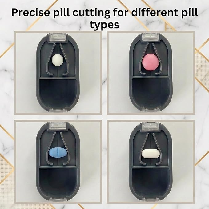 2 Pack Pill Splitter for Small & Large Pills – Professional Pill Cutter with Clear Cover & V-Grip Centering Device – Precise 1/2 & 1/4 Cuts for Oblong, Oval & Round Tablets (Gray & Brown)