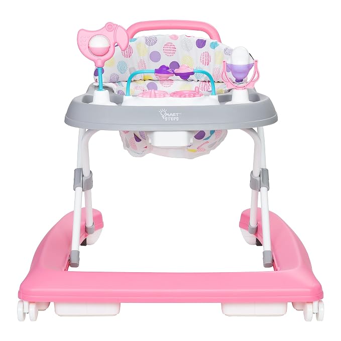 Smart Steps Trend Plus 2-in-1 Activity Walker with Deluxe Removable Toys, Walk-Behind Bar, Adjustable Height and Flat Fold Frame for Storage, Ages 6 Months +, Orbits Pink