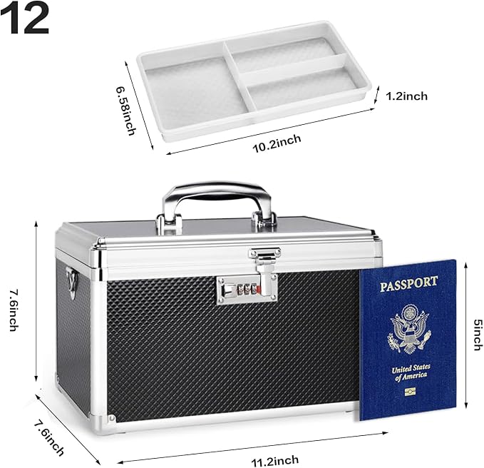 Medicine Box with Combination Lock - 11.2" x 7.6" x 7.6" First Aid Safe Medication Storage Case, Personal Items Safe Case for Hospital & Home & Outdoor 【Black】