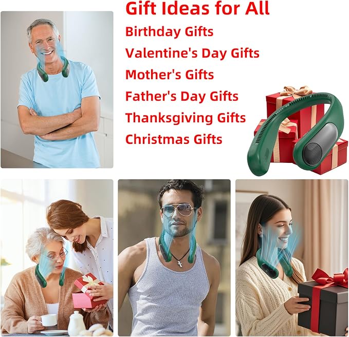 Portable Neck Fan, Personal Wearable Bladeless Fan for Outdoor Indoor, LED Display, 360° Cooling, 4-Speeds, 6000mAh USB Rechargeable, Birthday Gifts for Men Women Dad Mom (Dark green)