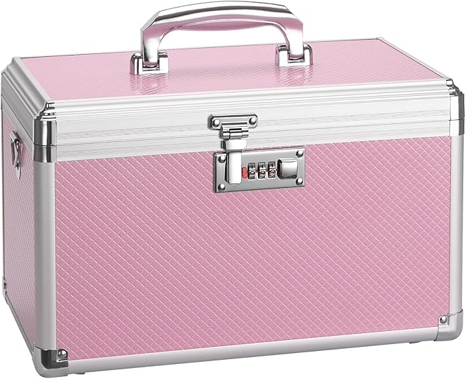 Medicine Lock Box with Combination Lock - 15 x 8.7 x 9.4 Inches - First Aid Safe Medication Storage Box, Personal Items Safe Case for Home and Outdoor - Pink