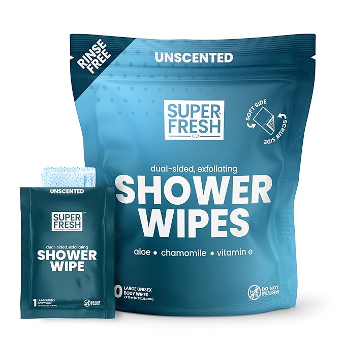 Super Fresh Body Wipes, Large Unscented Shower Wipe for Adults Men Women Kids, Personal Hygiene Cleansing Cloth Enriched with Aloe and Vitamin E, Individually Wrapped 10 Pack, Travel Essentials
