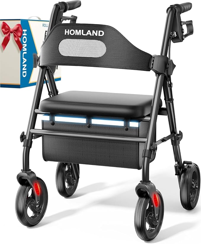 HOMLAND Foldable Rollator Walker with Seat for Seniors, 16" Enlarged Seat | 8" Big Wheels, 16"×12"x1.9" Thick Padded Seat, Adjustable Seat & Handle Height, Tool-Free Assembly, All Terrain Mobility Aid