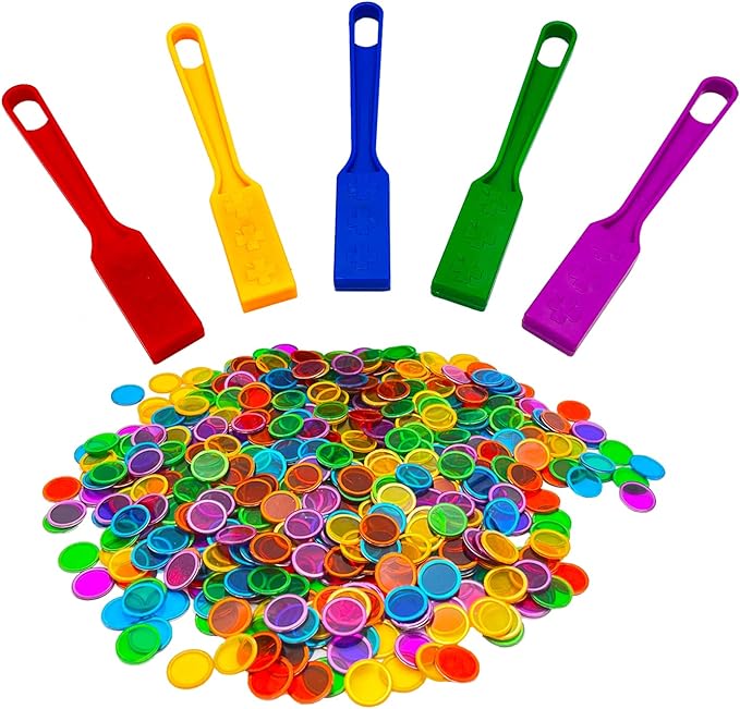 JUNWRROW Magnetic Bingo Wand with Chips,5-Pack& 500 Metal Chip, 5 Color Metal Chips-for Large Group Games,Family Game Night, Sensory Bins,Counting and Sorting,Science& Educational Activities