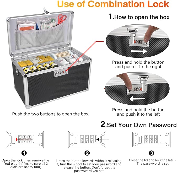 Medicine Box with Combination Lock - 10"x6"x6.7" First Aid Safe Medication Storage Case, Personal Items Safe Case for Hospital & Home & Outdoor 【Black】