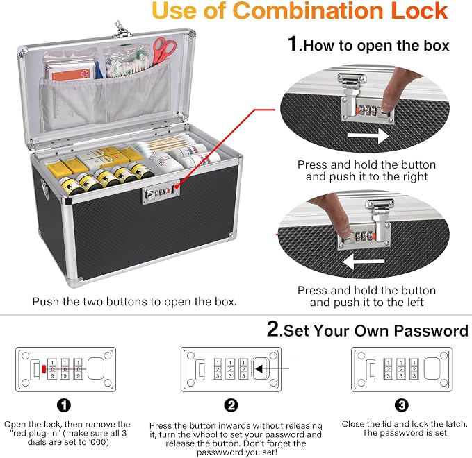 Medicine Box with Combination Lock - 13.4"x7.6"x8.2" First Aid Safe Medication Storage Case, Personal Items Safe Case for Hospital & Home & Outdoor 【Black】