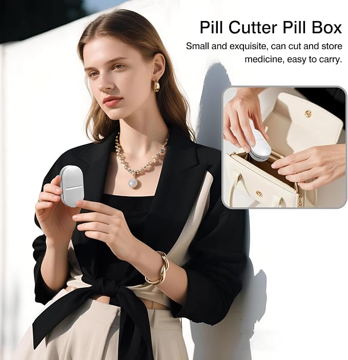 Pill Cutter & Splitter & Organizer – Accurately Cuts, Stores Pills with Detachable V-Shaped Silicone Slot, Portable & Easy to Clean