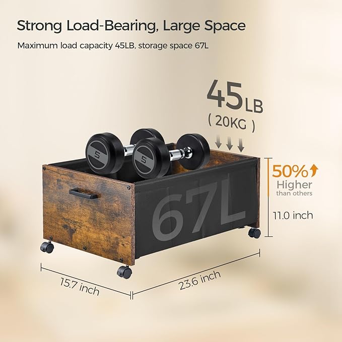 FOUCSSOMEI Under Bed Storage with Wheels, Wooden Under Bed Drawers On Wheels, Rolling Under Bed Shoe Storage, Space Saving, Rustic Brown,70L