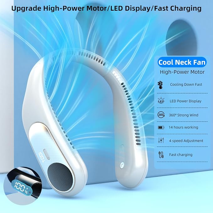 Portable Neck Fan, Personal Wearable Bladeless Fan for Outdoor Indoor, LED Display, 360° Cooling, 4-Speeds, 6000mAh USB Rechargeable, Birthday Gifts for Men Women Dad Mom (off-white)