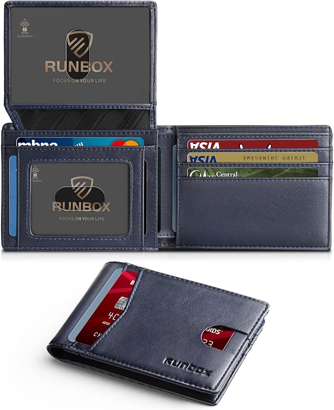 RUNBOX Wallet for Men -Slim Rfid Leather Mens Bifold Novelty Wallets 2 ID Window With Gift Box Men's Accessories | Minimalist Front Pocket Design, Holds 15 Cards, Large Capacity with Cash Pocket,Compact and Thin, Birthday Gifts for Men