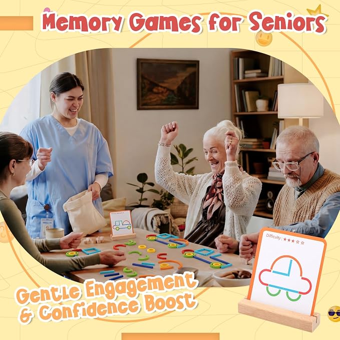 142 Pcs Wooden Pattern Blocks Set for Seniors Dementia for Seniors Memory Matching Games Alzheimers Products Cognitive Toys for Elderly Dementia Patients Older Adults
