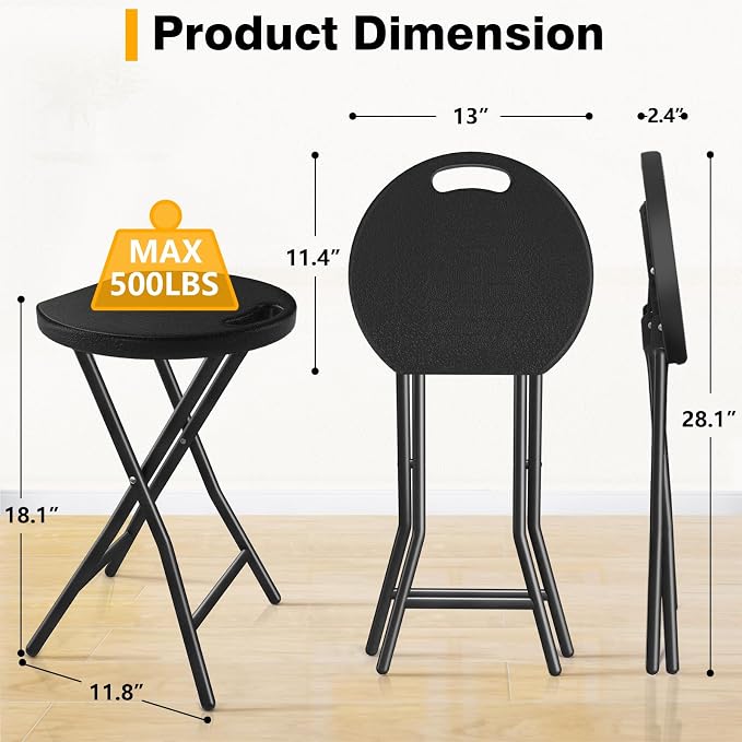Portable Folding Chair with Handle, Heavy Duty Round Fold Stool Chair | 500lbs Capacityfor Adults, 18 Inch Foldable Stool for Dorm, Kitchen, Vanity, Church and Outdoor use