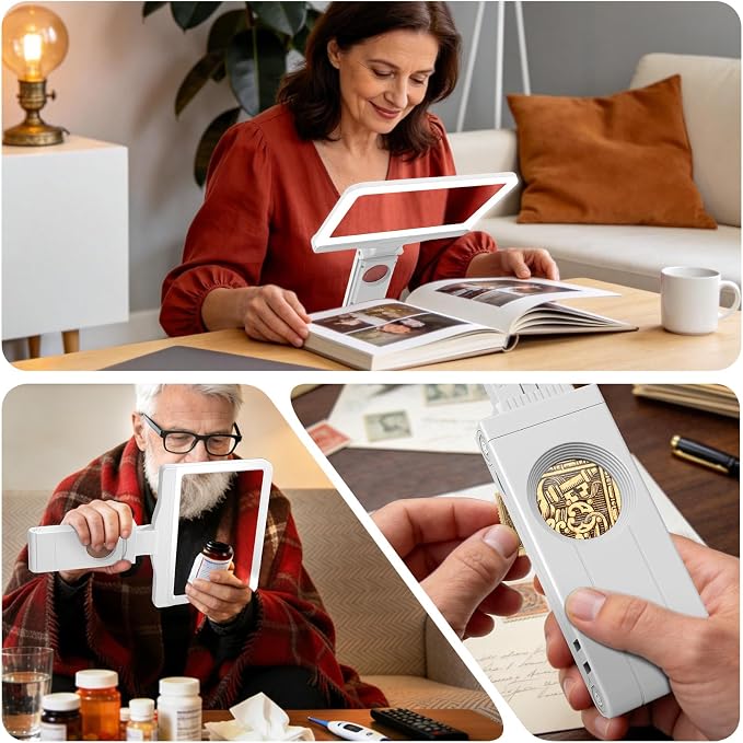 30X 6X Rechargeable Magnifying Glass for Reading, Large Full Page Magnifier with Folding Stand, 3 Color Light Modes, Dimmable LED Lighted, Hands Free Book Magnifier for Low Vision Seniors, White