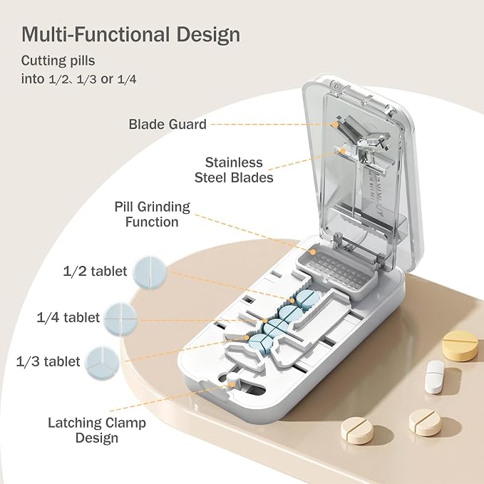 3-in-1 Adjustable Pill Cutter for Small & Large Pills, Professional Pill Splitter Cuts Tablets into 1/2, 1/3 & 1/4, Cuts Multiple Tablets,Hidden Blade，with Storage Box and Tweezers (White)