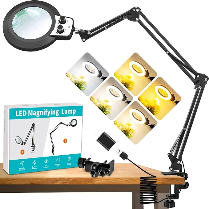 12X Magnifying Glass with Light with Clamp, 35in Extended Long Arm | Overhead Dual Knob Magnifier Lamp 4.2in Real Glass, Adjustable Color Brightness, For Workbench, Craft, Repair, Close Work
