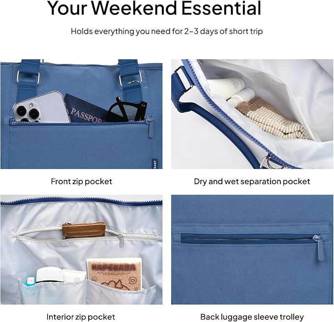 Travel Duffle Bag for Women, 40L Weekender Bags Airline Approved Carry On with Shoe Compartment & Waterproof Wet Pocket, Durable Nylon Weekender Overnight Bag for Travel, Gym, Business Trip, Blue