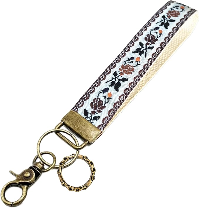 Boho Vintage Embroidered Floral plant Wristlet Keychain for Women | Cute Lanyard&Antique Brass Clasp, Lightweight Hands-Free Key Holder for keys,purses,handbags and daily outdoor use for ladies