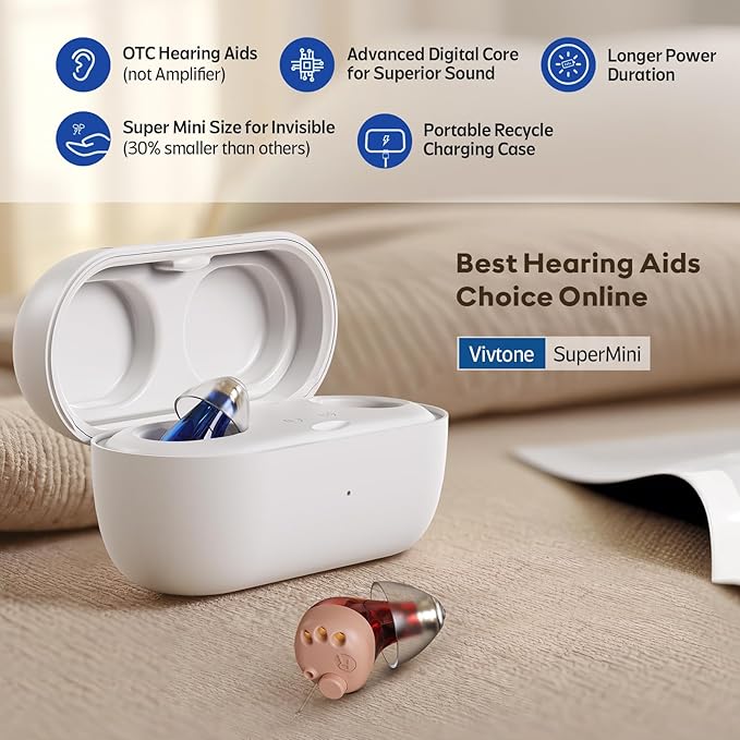 Vivtone Supermini Hearing Aids (Not Amplifiers), Rechargeable Digital Hearing Devices with 16-Channel Sound Processing for Superior Sound Quality, Over-The-Counter, Auto-On/Off, Pair