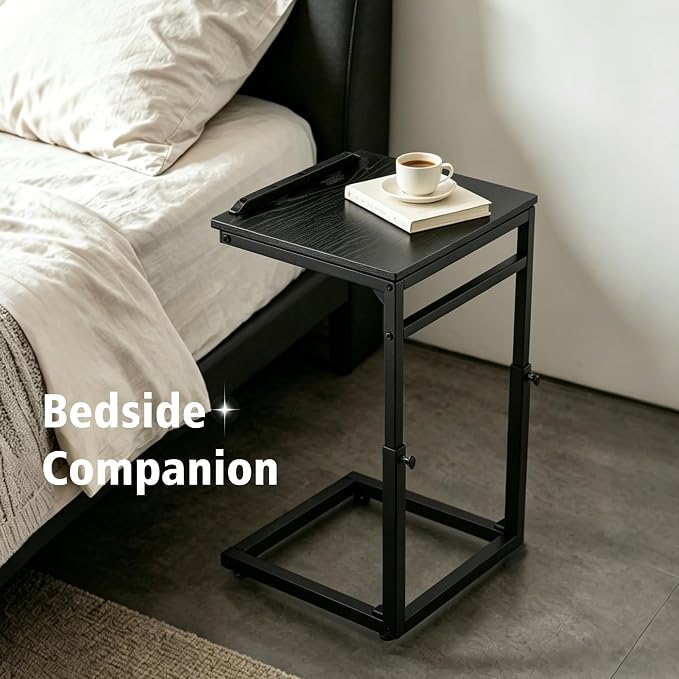 facka C Shaped TV Tray Table, Adjustable Height & 0-60° Tilt for Couch | C Table Sofa Side End Table with Stopper Ledge, Couch Table for Eating, Laptop, Reading & Small Spaces Black