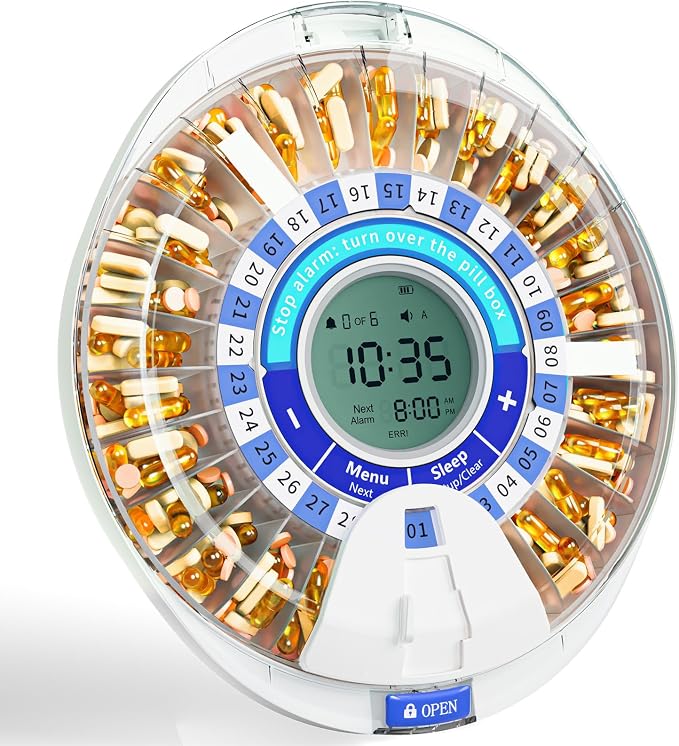 Windtrace Automatic Pill Dispenser for Elderly with Alarm | 28-Slot, Monthly Use, Mix-Proof, Kid-Proof, Built-In Lock, Senior-Friendly, 6-Button, Easy Setup, 5000-Cycle, XL LCD