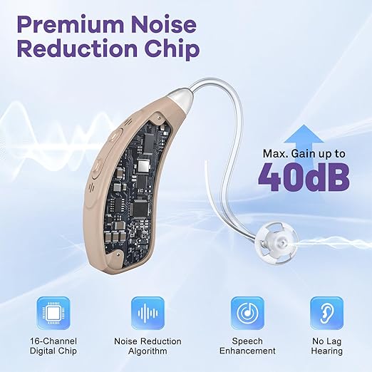 Hearing Aids with UV Cleaning Light, Rechargeable OTC Hearing Aids for Seniors and Adults, Noise Reduction, Battery Level Display, Premium Speech Clarity - Beige