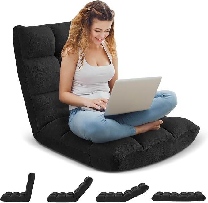 Folding Floor Gaming Chair, 14-Position Adjustable Backrest, Skin-Friendly Flannel & Aluminum Alloy Frame, Ideal for Reading, Gaming, Sleeping, Black